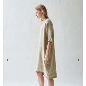 BLACK CRANE 100% Linen Scallion Short Sleeve Linen Dress Size: XS lagenlook